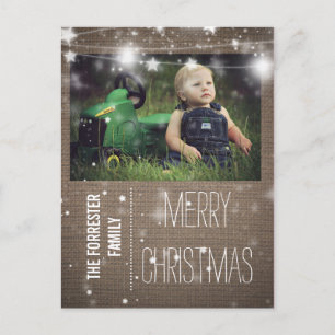 Rustic Burlap Merry Christmas Stars Family Photo Holiday Postcard
