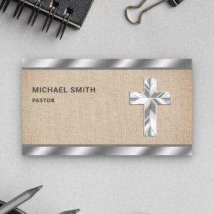 Rustic Burlap Metallic Jesus Christ Cross Pastor Business Card
