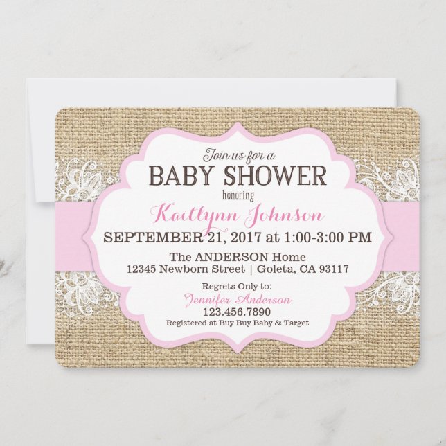 Rustic Burlap Modern Lace Pink Girl Baby Shower Invitation (Front)