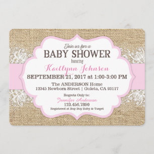 Rustic Burlap Modern Lace Pink Girl Baby Shower Invitation