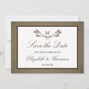 Rustic Burlap Monogram Branch Save The Date