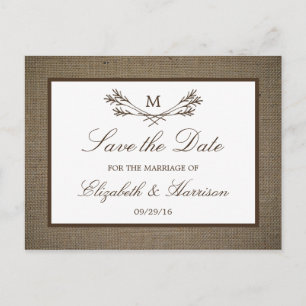 Rustic Burlap Monogram Branch Save The Date Announcement Postcard