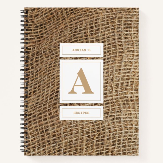 Rustic Burlap Monogram Initial Recipes Notebook (Front)