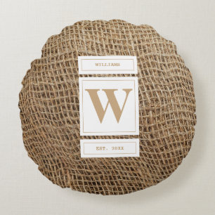 Rustic Burlap Monogram Initial  Round Cushion