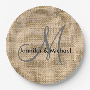 Rustic Burlap Monogram Wedding Bride Groom Names Paper Plate