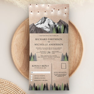 Rustic Burlap Mountain Forest String Light Wedding Tri-Fold Invitation