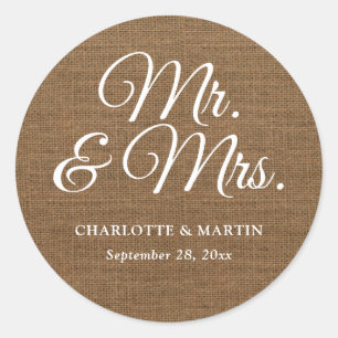 Rustic Burlap Mr and Mrs Wedding Classic Round Sticker