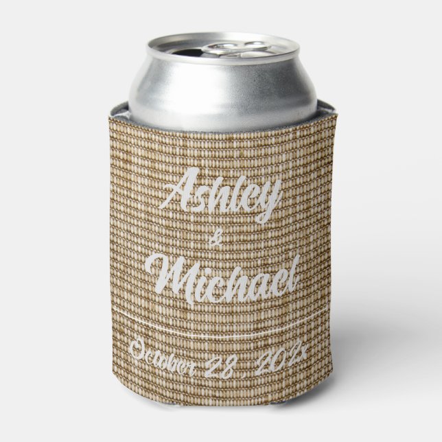 Rustic Burlap Nature Pattern Wedding Can Cooler (Can Front)