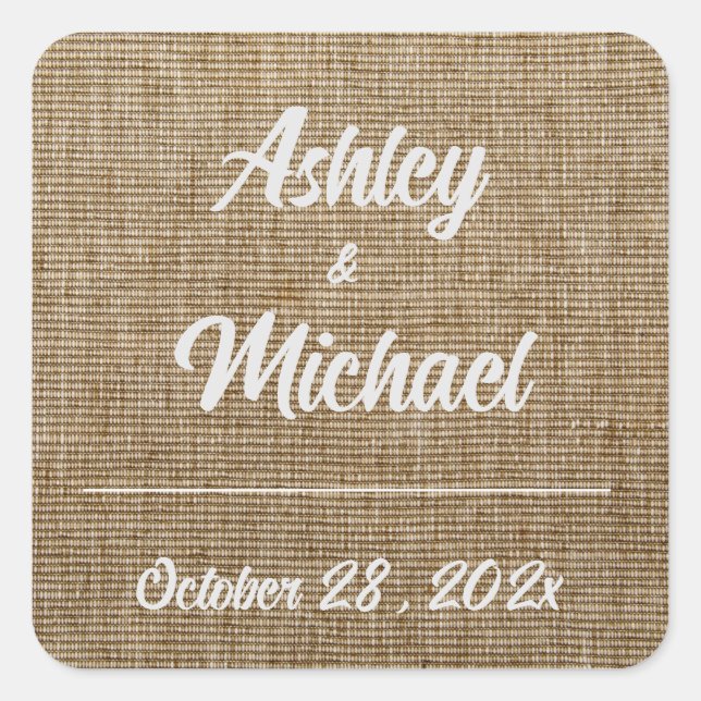 rustic burlap nature pattern Wedding Square Sticker (Front)
