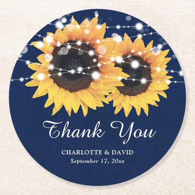 Rustic Burlap Navy Blue Sunflower Wedding Round Paper Coaster (Front)