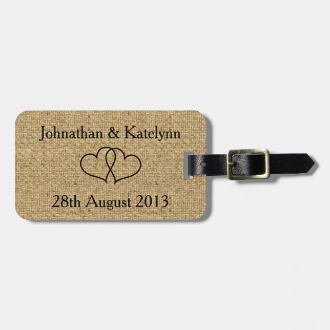 Rustic Burlap Newlywed Luggage Tag (Front Horizontal)