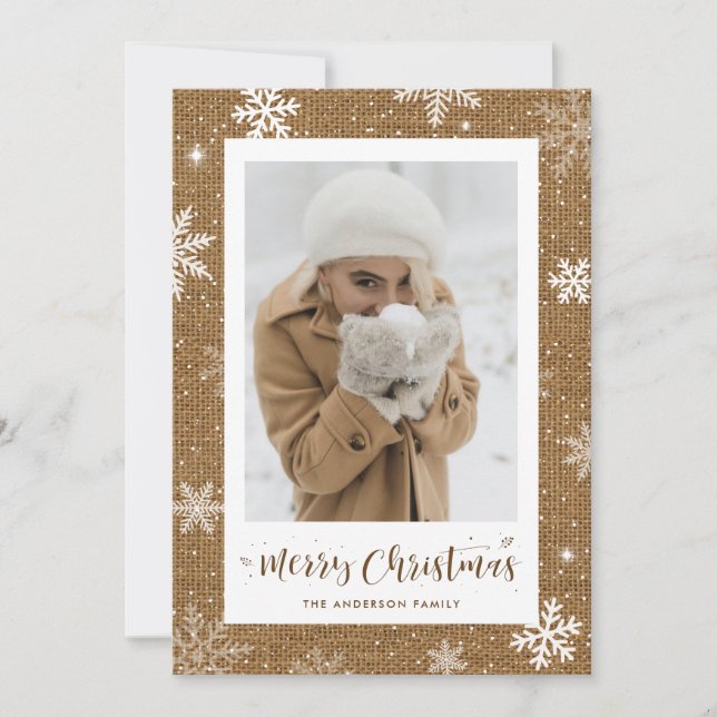 Rustic Burlap One Photo Christmas Cards (Front)