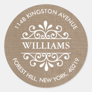 Rustic Burlap Ornate Swirls Custom Return Address Classic Round Sticker