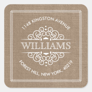 Rustic Burlap Ornate Swirls Custom Return Address Square Sticker