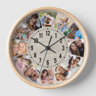 Rustic Burlap Personalised 12 Photo Collage Clock