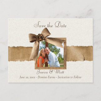Rustic Burlap Photo Save the Date Postcard