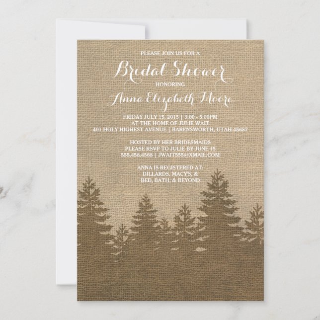 Rustic Burlap Pine Trees Winter Bridal Shower Invitation (Front)