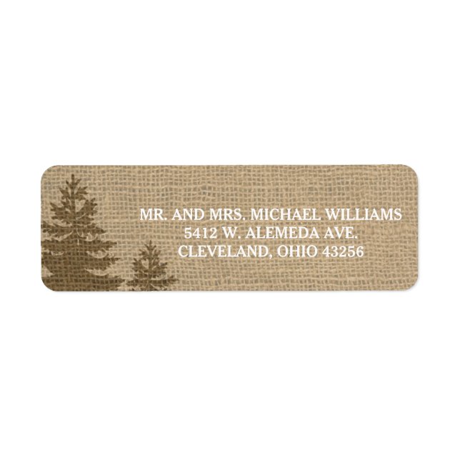 Rustic Burlap Pine Trees Winter Wedding Labels (Front)