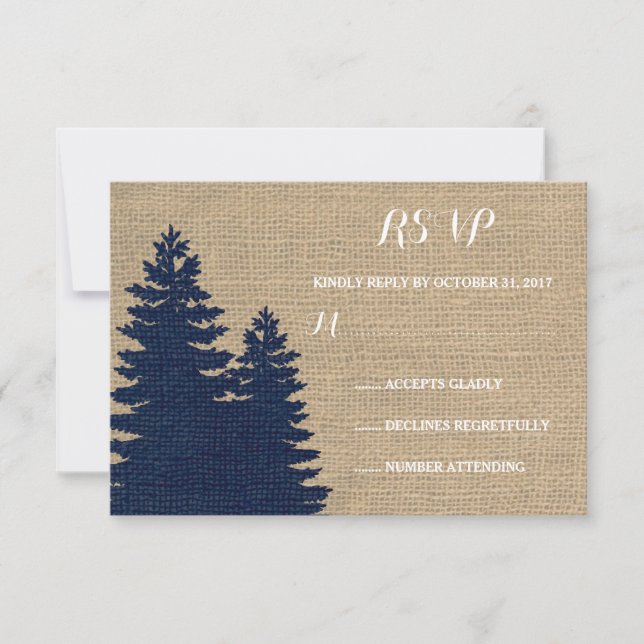 Rustic Burlap Pine Trees Winter Wedding RSVP Card (Front)