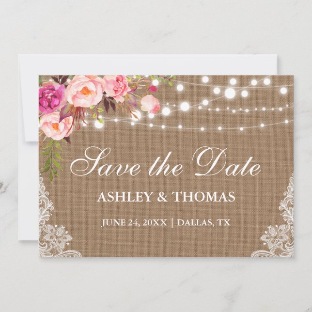 Rustic Burlap Pink Floral Lace Save the Date (Front)