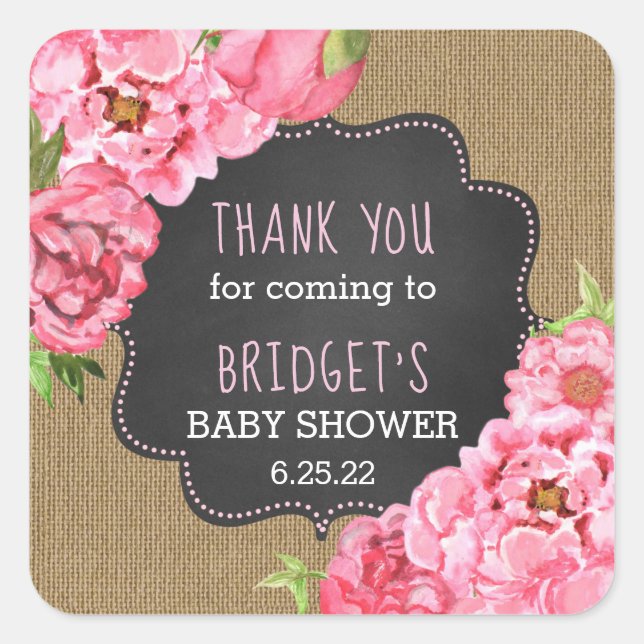 Rustic burlap pink peonies thank you favour sticke square sticker (Front)