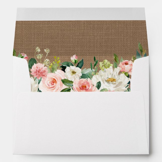 Rustic Burlap Pink White Floral Wedding Envelope (Back (Bottom))