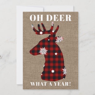 Rustic Burlap Plaid Snowflake Oh Deer Christmas Holiday Card