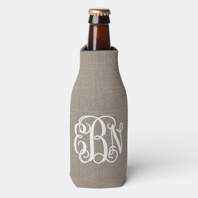 Rustic Burlap Preppy Script Monogram Bottle Cooler (Bottle Front)