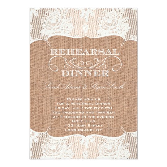 Rustic Burlap Print & Lace Rehearsal Dinner Card