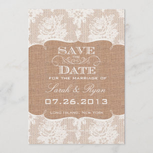 Rustic Burlap Print & Lace Save the Date