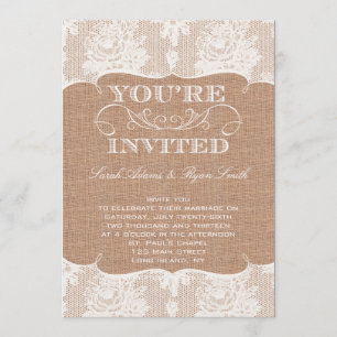 Rustic Burlap Print & Lace Wedding Invitation