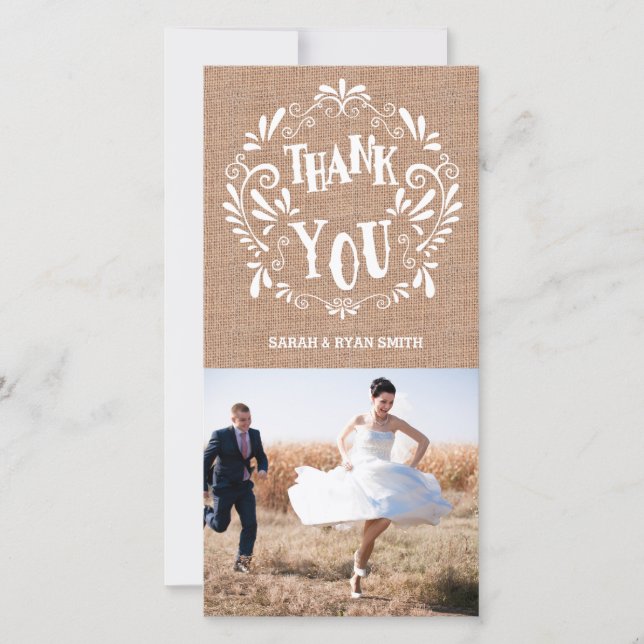 Rustic Burlap Print Wedding Thank You Photo Cards (Front)
