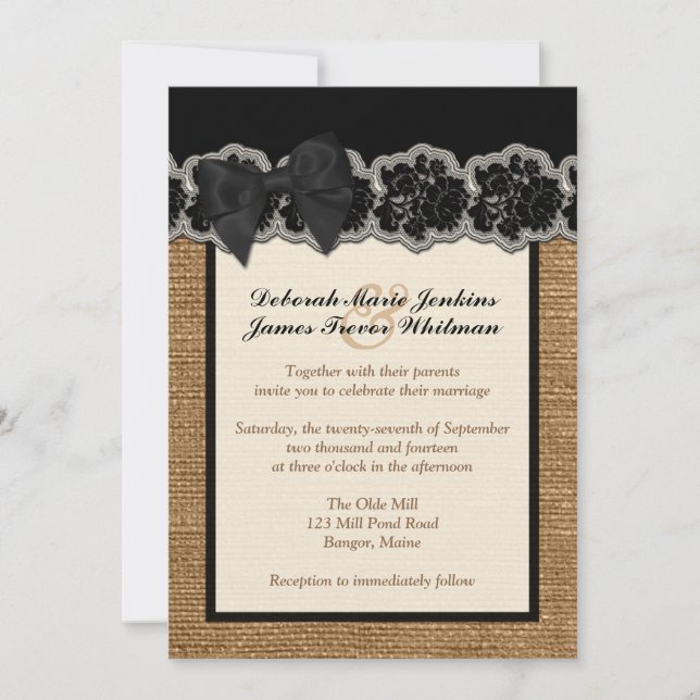 Rustic Burlap, PRINTED Lace, Bow Wedding Invite 3 (Front)