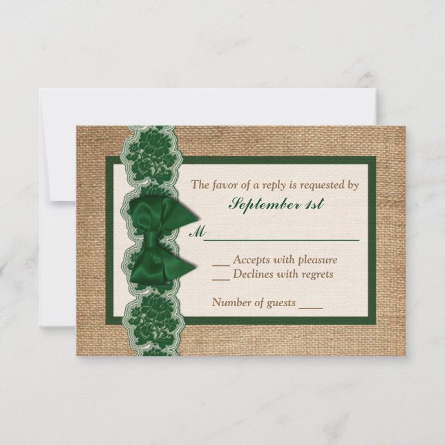 Rustic Burlap, PRINTED Lace, Bow Wedding RSVP Card (Front)