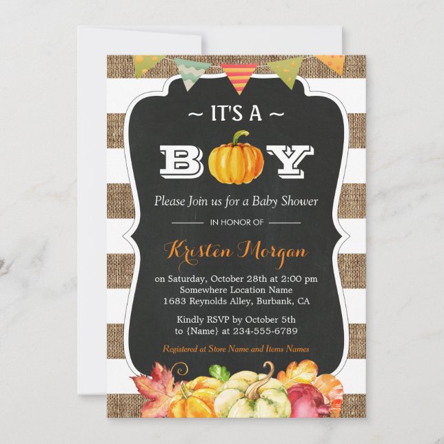 Rustic Burlap Pumpkin It's A Boy Fall Baby Shower Invitation (Front)