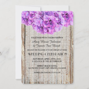 Rustic burlap purple hydrangea wedding invites ph1