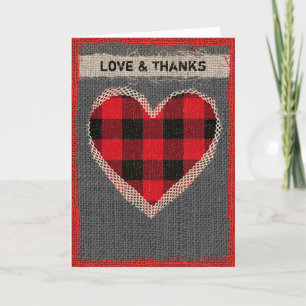 Rustic Burlap Red and Black Buffalo Plaid Heart Thank You Card