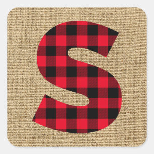 Rustic Burlap Red and Black Buffalo Plaid Monogram Square Sticker