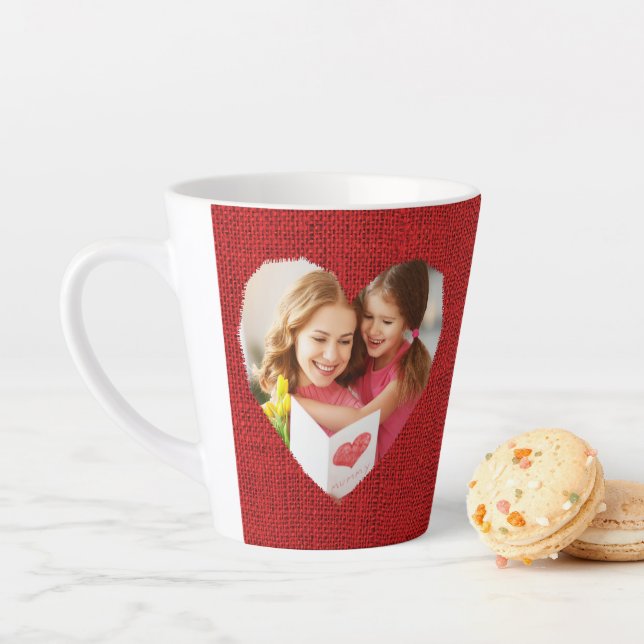 Rustic Burlap Red Heart Mum Photo Latte Mug (In Situ)