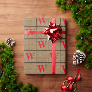 Rustic Burlap Red Monogram Wrapping Paper