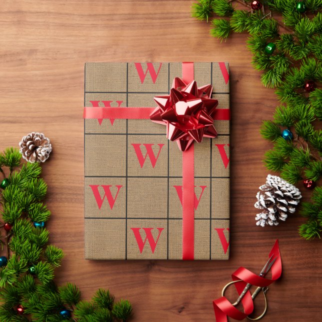 Rustic Burlap Red Monogram Wrapping Paper (Holiday Gift)