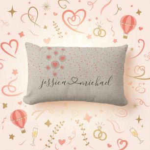 Rustic Burlap Romantic Handwritten Names and Heart Lumbar Cushion