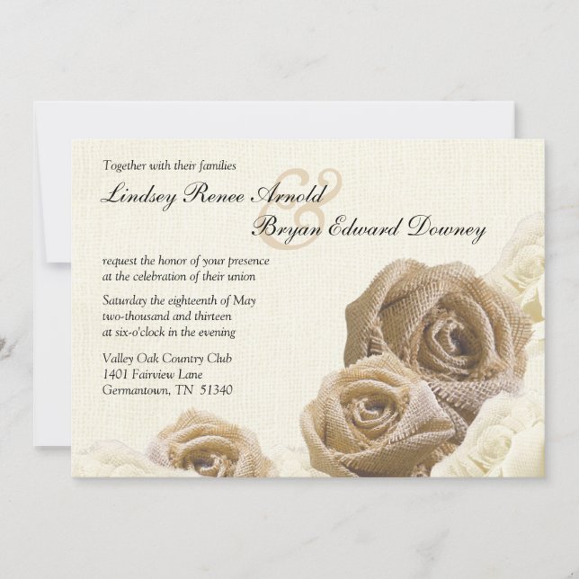 Rustic Burlap Rose Flowers Wedding Invitation (Front)