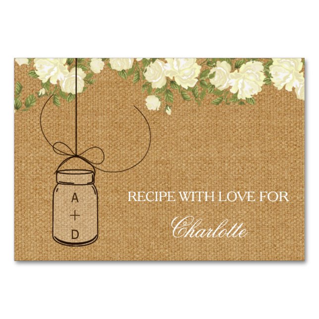 Rustic Burlap Roses bridal shower recipe cards (Front)