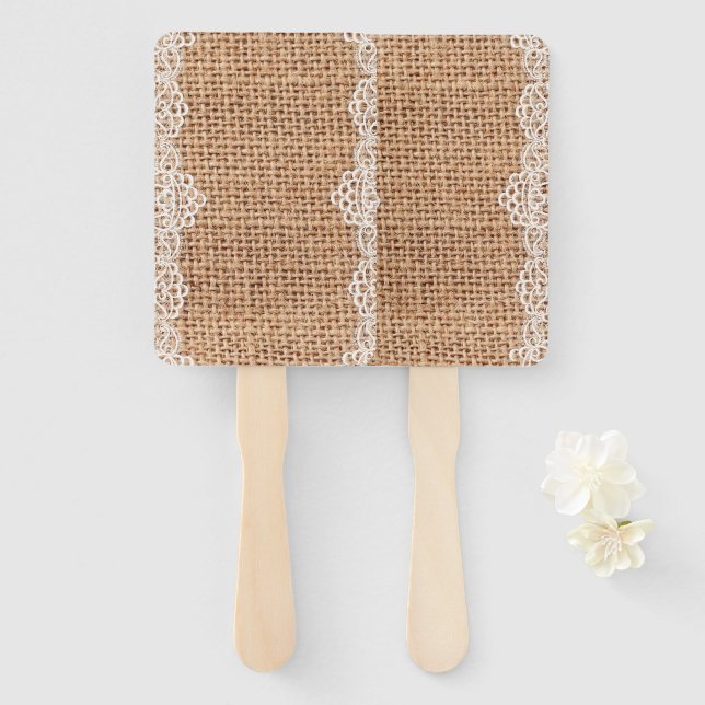 Rustic Burlap Sack with White Lace. Hand Fan (Front and Back)