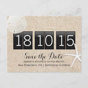 Rustic Burlap Sand Dollar & Starfish Save the Date Announcement Postcard