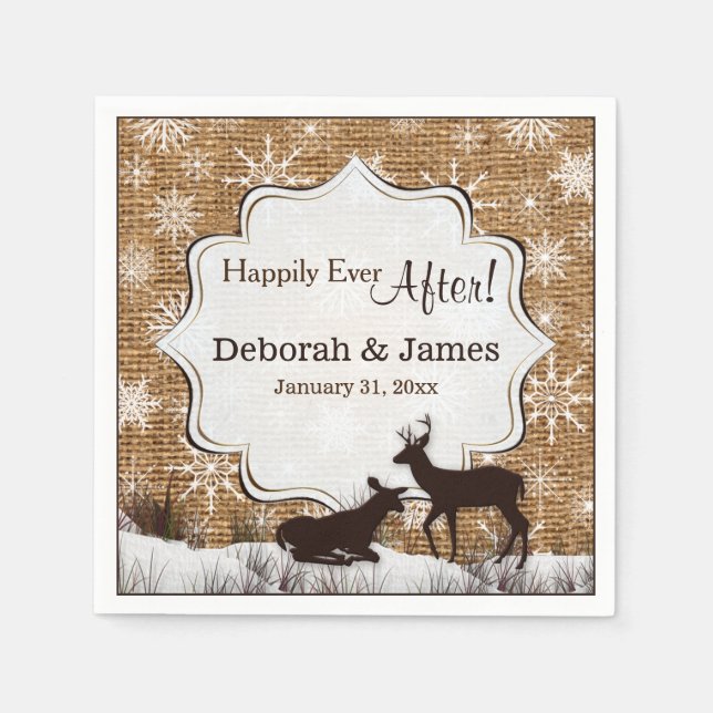 Rustic Burlap, Snowflakes and Deer Wedding Napkins (Front)