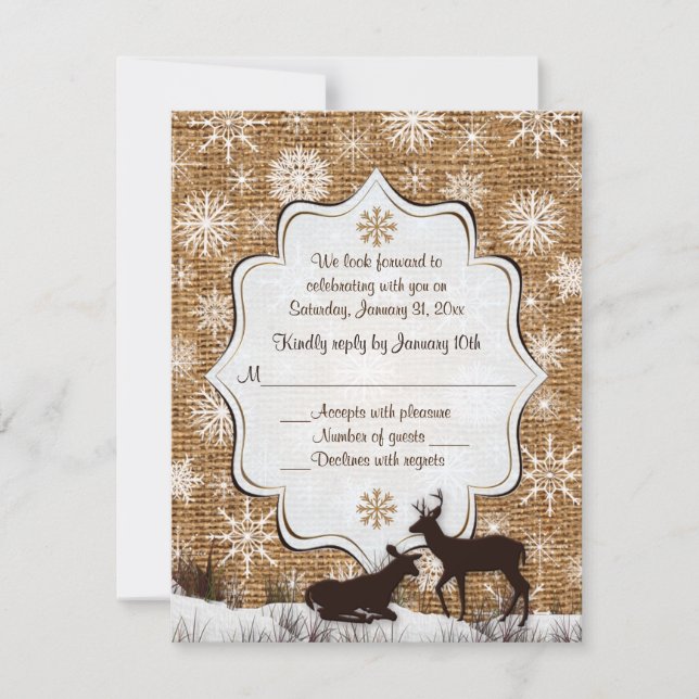 Rustic Burlap, Snowflakes and Deer Wedding RSVP Invitation (Front)