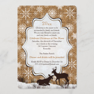 Rustic Burlap Snowflakes Deer Holiday Party Invite