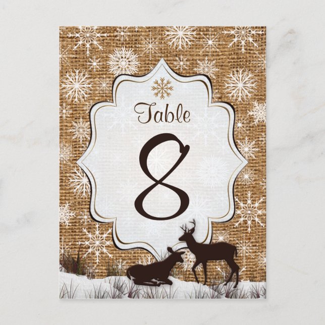 Rustic Burlap, Snowflakes, Deer Table Number Card (Front)